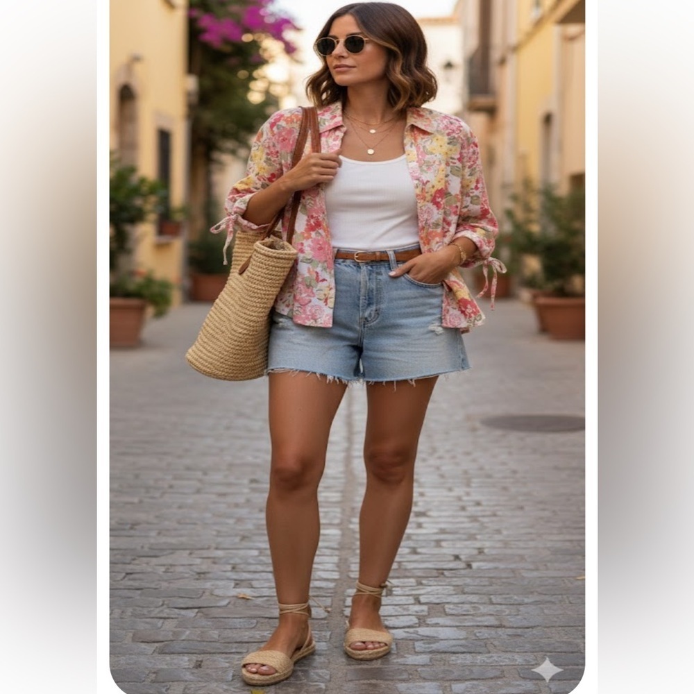 JM Collection Pink and Gold Floral linen Top